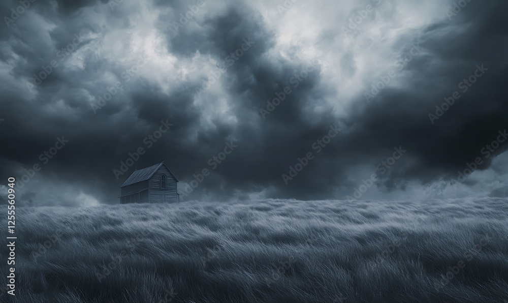 Poster a desolate landscape featuring a solitary house amidst rolling fog and dark, ominous clouds, evoking