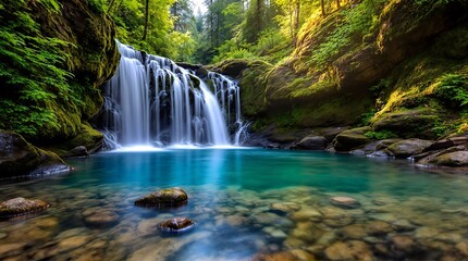 Obraz premium Serene Waterfall Cascading into a Crystal-Clear Pool in Lush Forest.