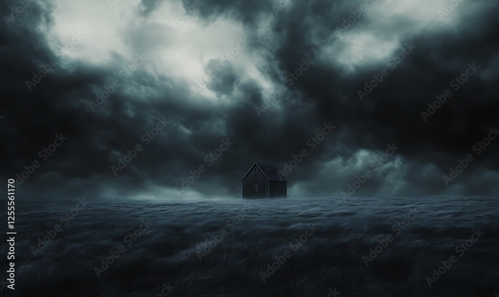 Poster a dark, moody landscape featuring ominous clouds and a mysterious structure on the horizon, suggesti