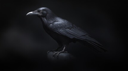 Raven perched on a shadowy black solid background