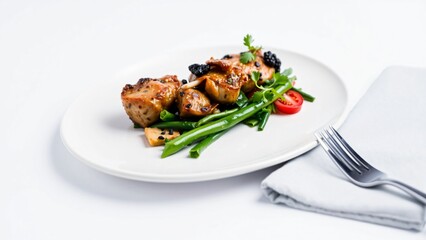 Gourmet Grilled Chicken Breast with Green Beans and Cherry Tomatoes on White Plate