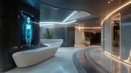 Cutting-edge workspace entrance featuring a holographic receptionist and sleek futuristic decor