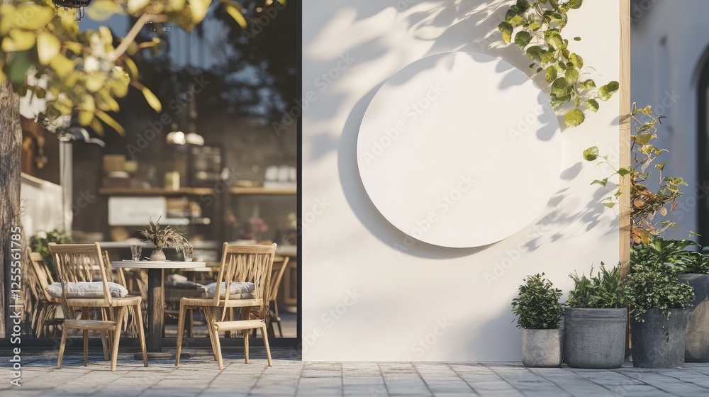 Poster a modern, round signboard with a simple white backdrop, mounted in front of a chic cafe with a cozy 