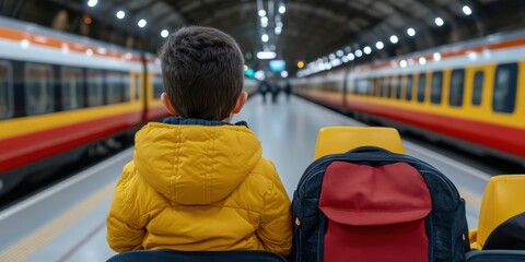 Naklejka premium A young boy in a yellow jacket gazes ahead in a bustling train station, accompanied by a backpack, embodying the spirit of travel and adventure.