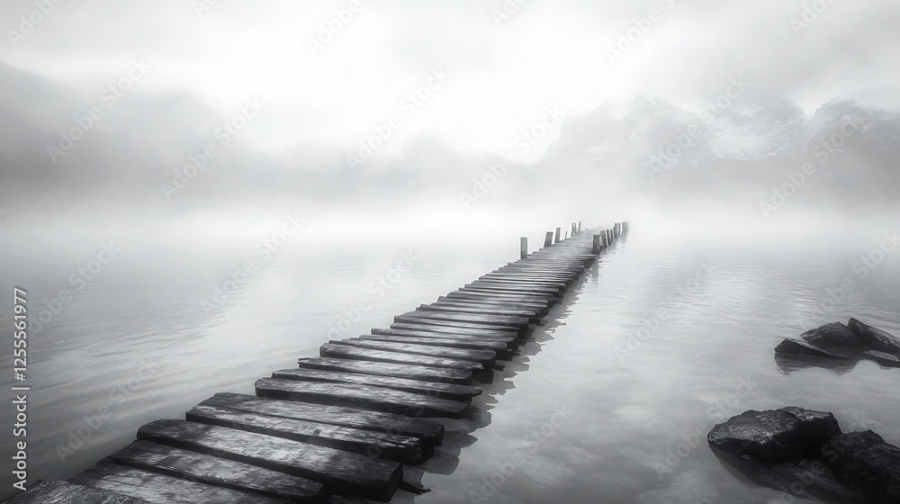 Poster a misty pier stretches into the still water, surrounded by fog and tranquility, creating a serene an