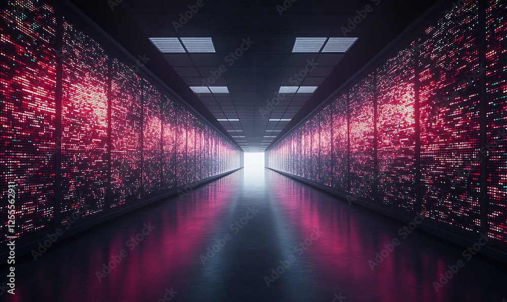 Poster vibrant corridor with glowing red lights leading to a bright exit, evoking a futuristic atmosphere.