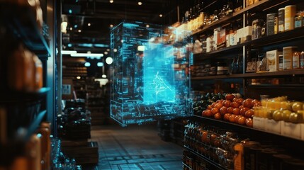 Futuristic grocery store with holographic technology augmenting the shopping experience