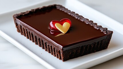 Elegant chocolate tart with heart decoration on a white plate