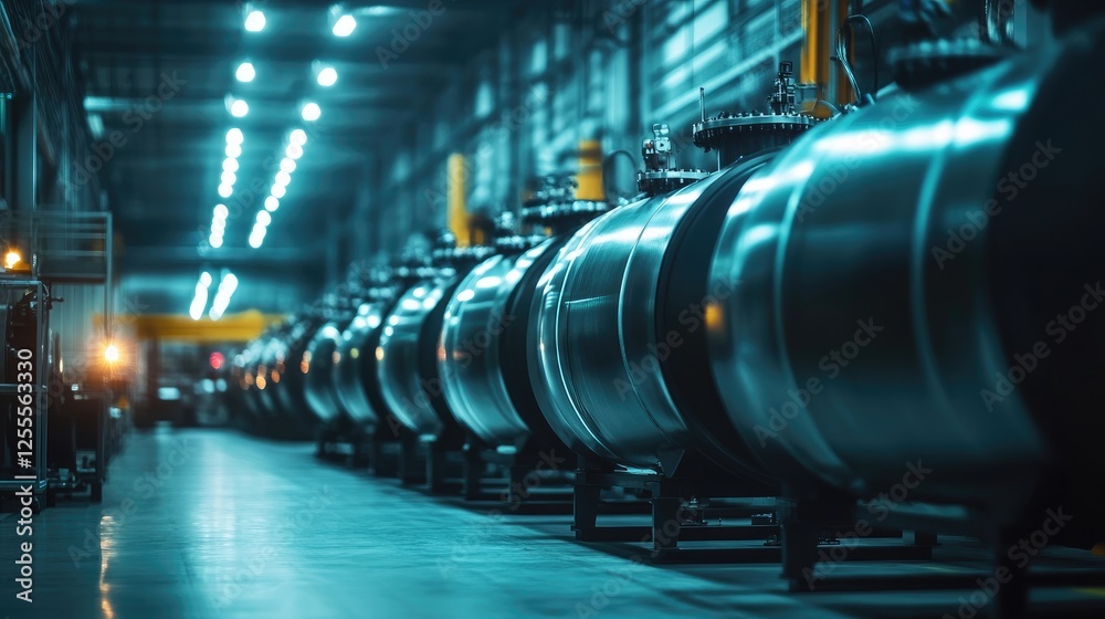 Poster a neat row of large industrial compressed gas tanks in a factory, under bright lights, showcasing th
