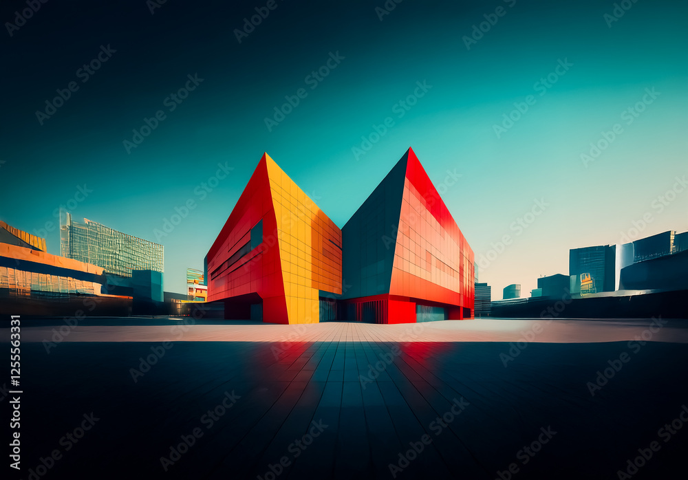 Aufkleber a modern building with sharp geometric shapes and vibrant colors of orange and red stands prominentl