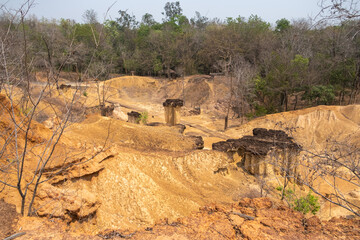 Stunning rock formations at Phae Mueang Phi Forest Park in Phrae, Thailand. A unique geological...