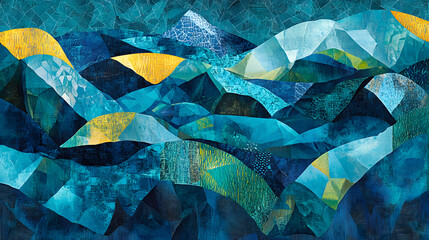 Abstract painting featuring blue sky with yellow and green triangles and tulips on canvas