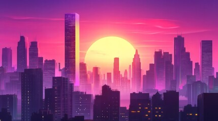 Fototapeta premium Vibrant Cityscape at Sunset: A Retro-Inspired Urban Skyline