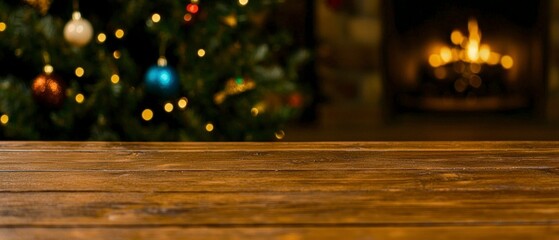 Rustic Wooden Table with Blurred Christmas Tree and Fireplace Background