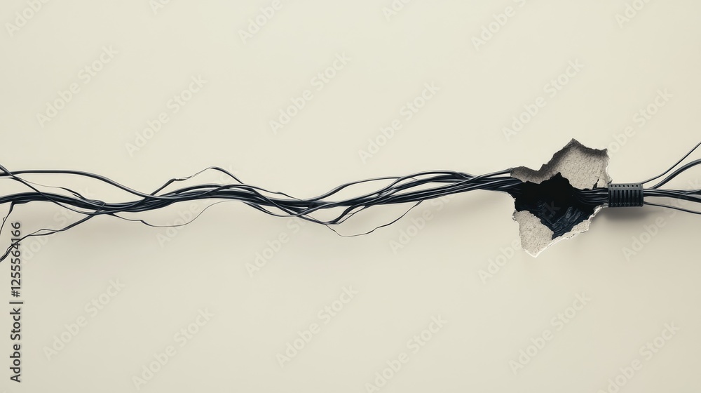 Poster a neatly insulated bundle of wires with black electrical tape, running through a hole in a wall, cap