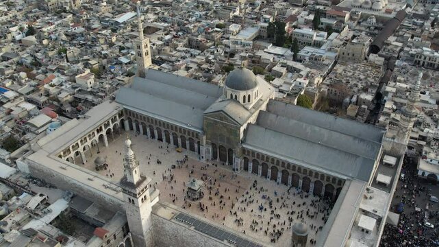 Aerial view of the historical Umayyad Mosque in Damascus.