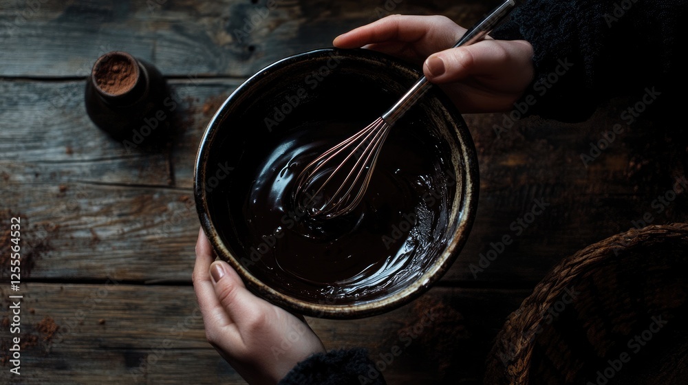Poster a pair of hands holding a bowl of smooth, melted chocolate with a whisk, preparing to combine it wit