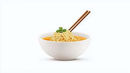 Bowl of Delicious Noodles with Chopsticks and Fresh Herbs Isolated on White Background