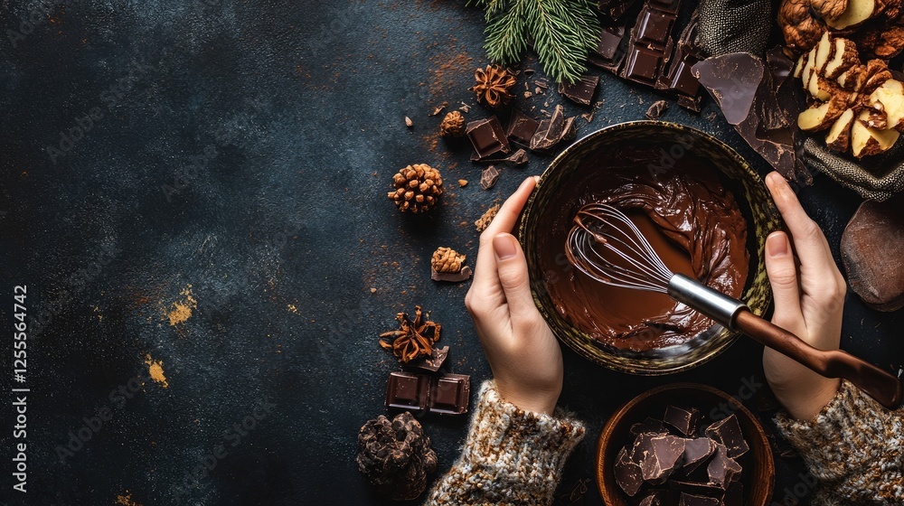 Poster a pair of hands holding a bowl of smooth, melted chocolate with a whisk, preparing to combine it wit