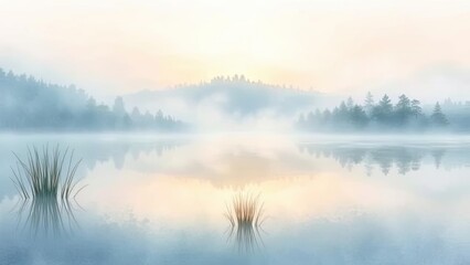 Fototapeta premium Serene Misty Lake Sunrise Tranquil Water Foggy Forest Reflection