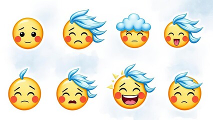 Collection of Diverse Emojis with Blue Hair Showing Various Expressions and Moods