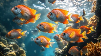 Fototapeta premium A school of vibrant orange fish swims in a coral reef, sunlight filtering through the water.