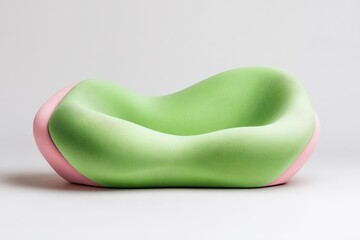 Modern abstract green and pink sofa with organic curves on minimalistic background