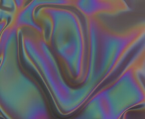 3D illustration depicting a fluid, organic surface with shimmering colors. The refraction of light creates a mesmerizing mix of neon blues, greens, yellows and purples.