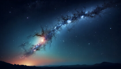 Fototapeta premium A breathtaking view of the Milky Way galaxy with vibrant nebula clouds, glowing stars, and deep cosmic dust. The night sky is filled with countless stars and a shooting star in the distance