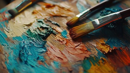 Fototapeta premium Close-up of a Vibrant Artist's Palette with Brushes and Mixed Paints