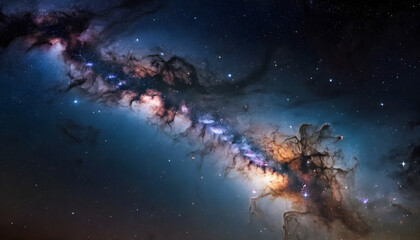 Fototapeta premium A breathtaking view of the Milky Way galaxy with vibrant nebula clouds, glowing stars, and deep cosmic dust. The night sky is filled with countless stars and a shooting star in the distance