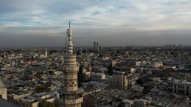 Aerial view of the historical Umayyad Mosque in Damascus.
