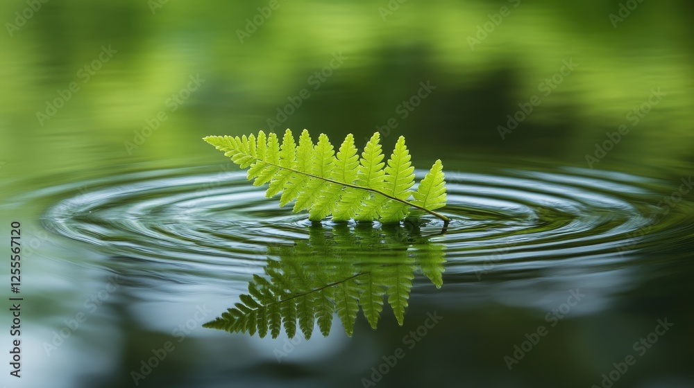 Poster a peaceful scene of a green fern leaf floating gently on a pond, surrounded by ripples and calm refl