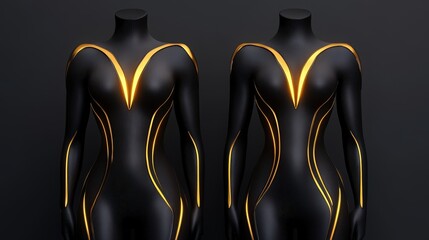 Futuristic fashion: sleek black bodysuits with glowing yellow accents for innovative style