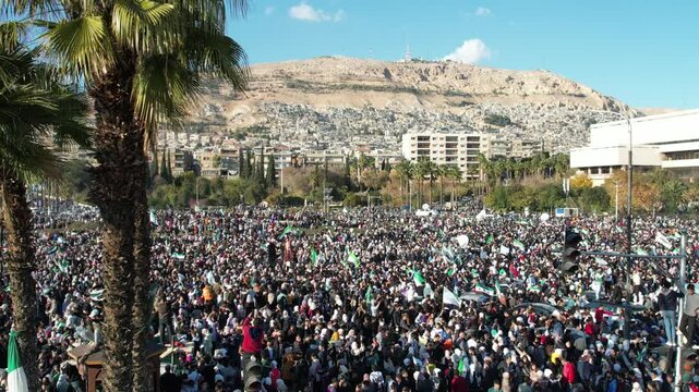 Drone shot of Damascus, Celebrations for the fall of Bashar al-Assad.