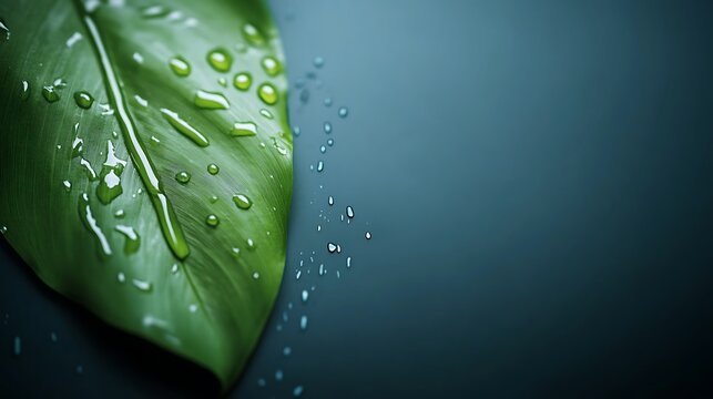 Close-up of a green leaf with water droplets on a dark background, showcasing nature's beauty
