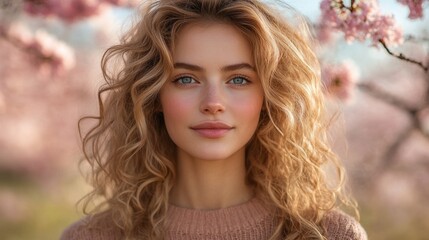 Fototapeta premium Young woman with curly blonde hair stands amidst blooming sakura trees, embodying serenity and natural beauty.