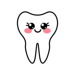 Happy cute snow white kawaii characters tooth in flat outline design. Happy kawaii teeth with pink cheeks