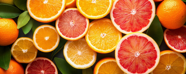 An artistic arrangement of sliced organic citrus fruits in a circular pattern, Fresh Juices, Colorful vibrance