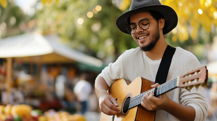 local musician playing guitar at vibrant marketplace event, spreading joy