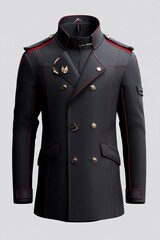 Elegant black military jacket with gold buttons and red accents