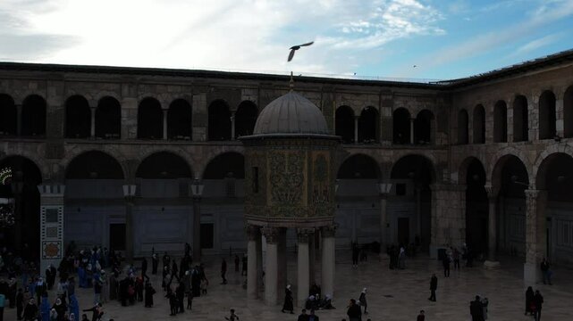Aerial view of the historical Umayyad Mosque in Damascus.