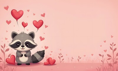 Fototapeta premium Cute raccoon cheerfully celebrating Valentine's Day against pink floral background