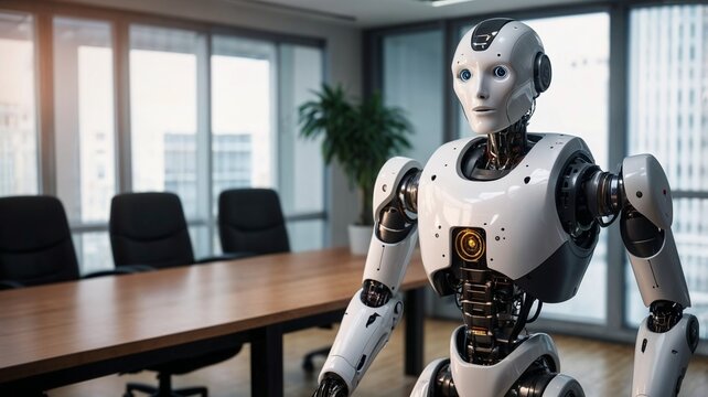 A robot like a hunman standing in the meeting room.