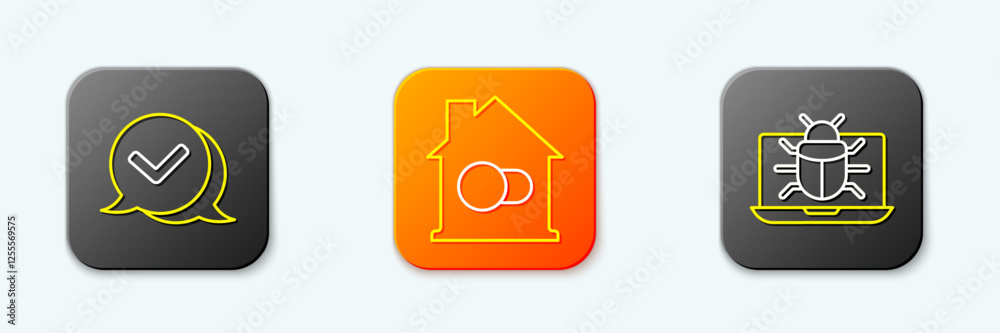 Poster set line check mark in speech bubble, smart home and system bug on monitor icon. vector