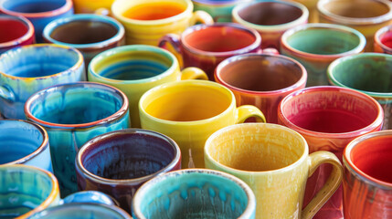 Colorful mugs arranged in vibrant display, showcasing various hues and designs