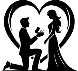 Man proposing to woman with heart background vector black silhouette cricut design for T-Shirt