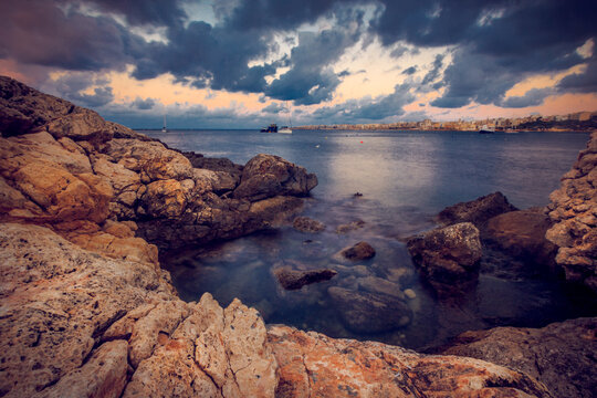 Rocky coastline along the Mediterranean Sea, St Pauls bay, Northern Region, Malta