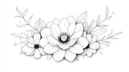 Elegant Black and White Floral Sketch with Varied Flower Types and Delicate Leaves Design