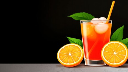 Fototapeta premium Refreshing citrus cocktail in a tall glass filled with ice, garnished with citrus slices and leaves, against a dark background. Digital illustration